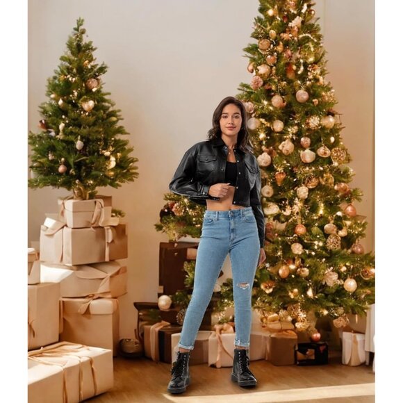 Women Black Cropped Moto Biker Short Comfortable Pu Faux Leather Fashion Jacket - Picture 5 of 7